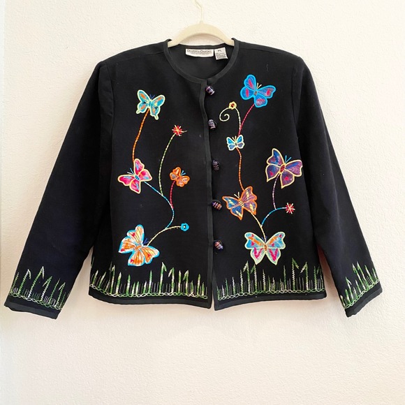 DRAPERS & DAMONS Black Embroidered Butterfly Jacket Petite Large Lined‎ - Picture 11 of 11